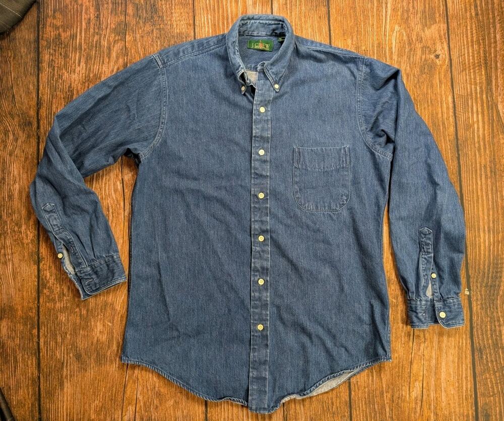 Vtg J Crew Oarsman Denim Shirt Mens Medium Long Sleeve Button Blue Jean USA Made